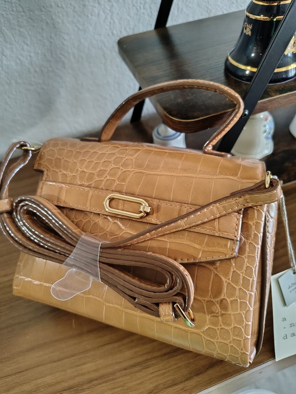a new day Croc-Embossed Satchel Handbag in Light Brown